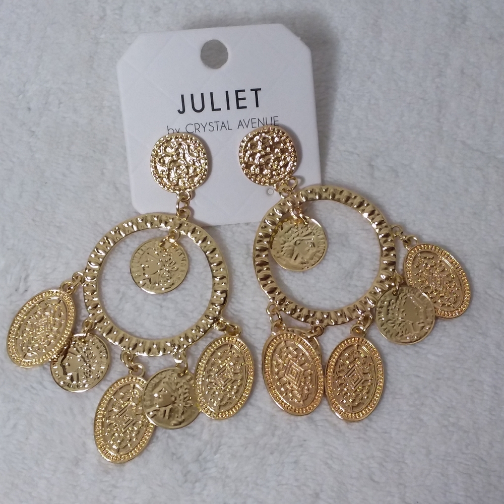Dangle Hoop Coin Pierce Earrings Gold Tone Juliet